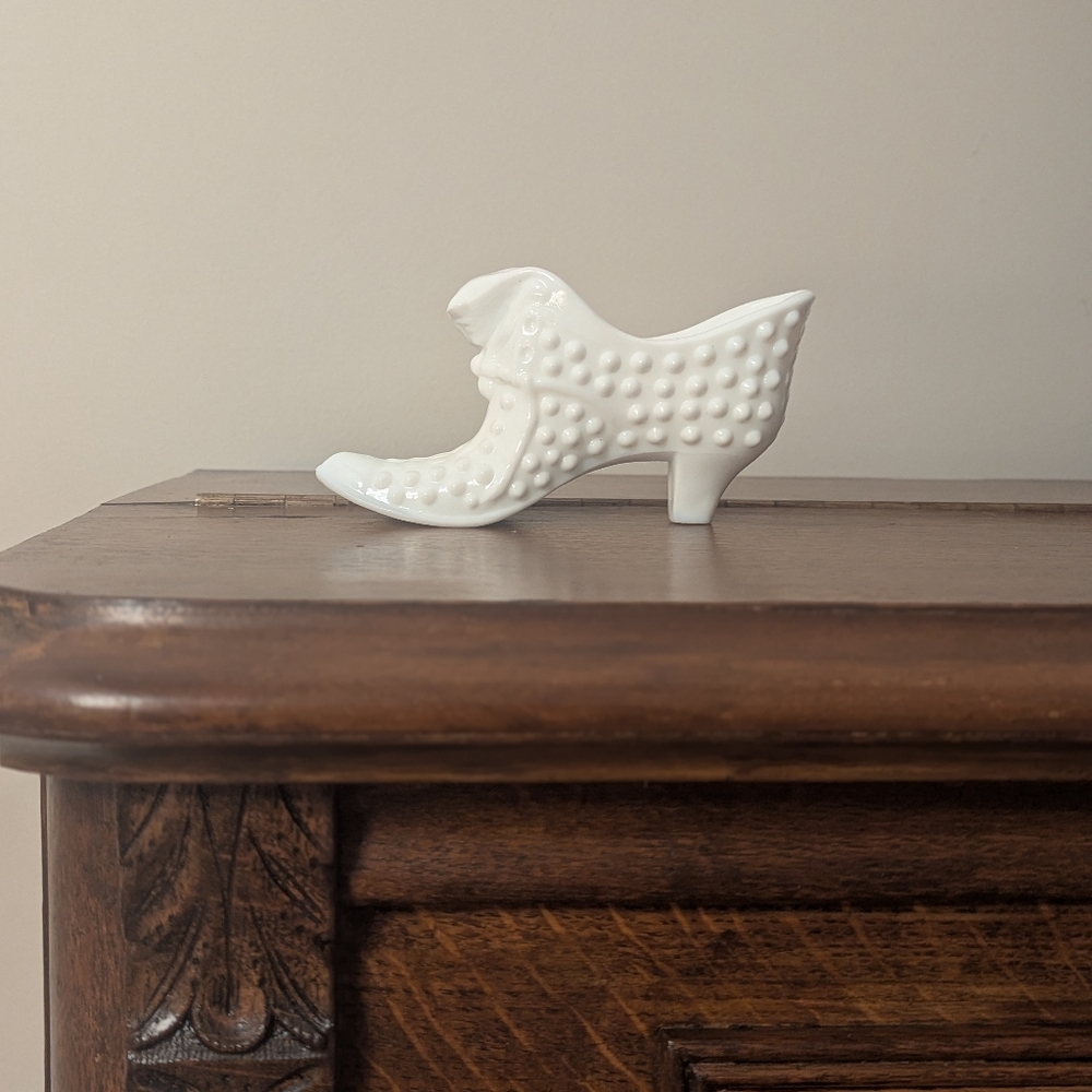 Fenton Milk Glass Hobnail Cat Head Slipper - White Glass Shoe Figurine Prosperit